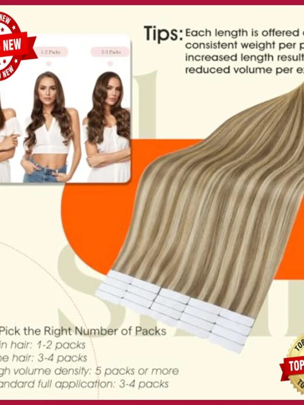 22-Inch Tape-In Hair Extensions, Remy Human Hair, 50g, 20 Pieces